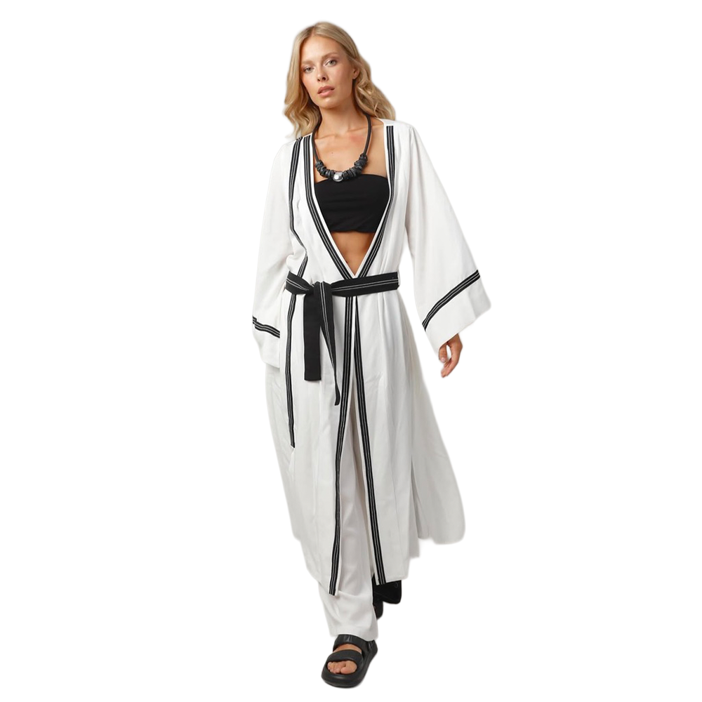 Şeritli Beyaz Kimono