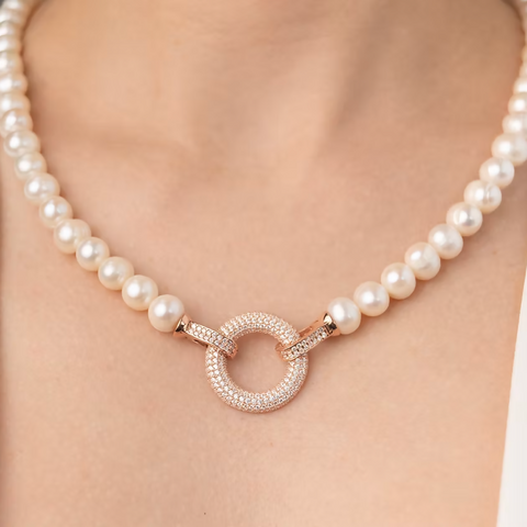 Yuvarlak Rose Gümüş İnci Kolye